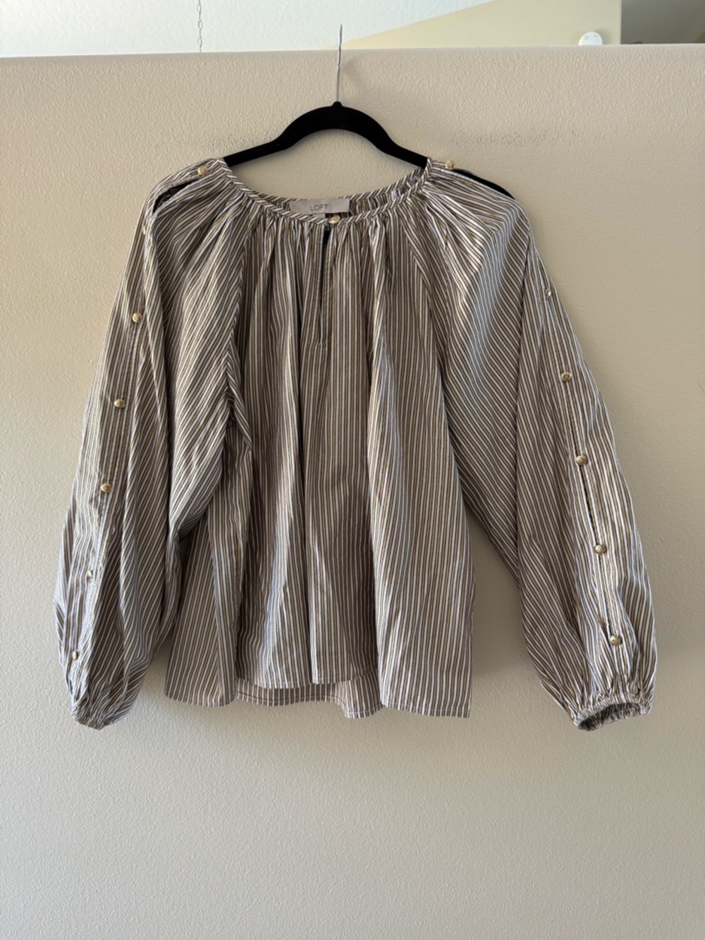LOFT White, Beige, Gold Shimmer Striped Balloon-Sleeve Blouse